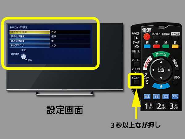 手順２　メニューボタンの位置と音声ガイド設定画面
