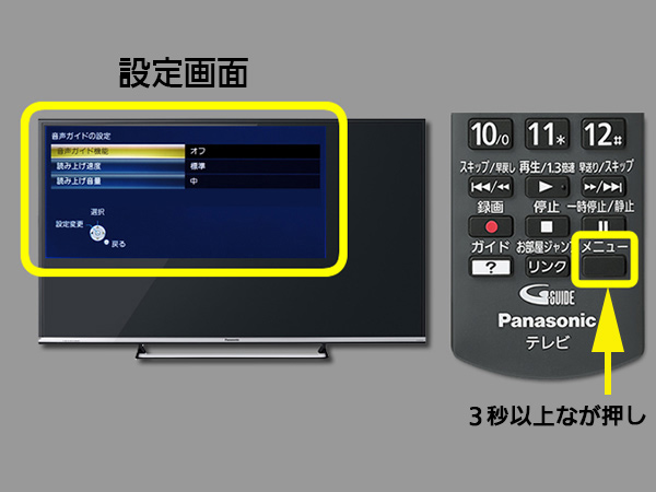 手順２　メニューボタンの位置と音声ガイド設定画面