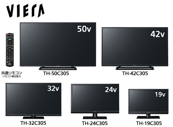 ５０ｖ型と４２ｖ型と３２ｖ型と２４ｖ型と１９ｖ型のテレビ正面画像と共通リモコンの画像です。