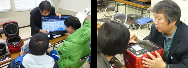 三菱電機株式会社の、らく楽 アシスト搭載の商品紹介をおこなっている写真を２枚掲載しています。