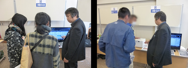 三菱電機株式会社の、らく楽 アシスト搭載の液晶テレビとジャー炊飯器の機能紹介と操作体験をおこなっている写真を２枚掲載しています。